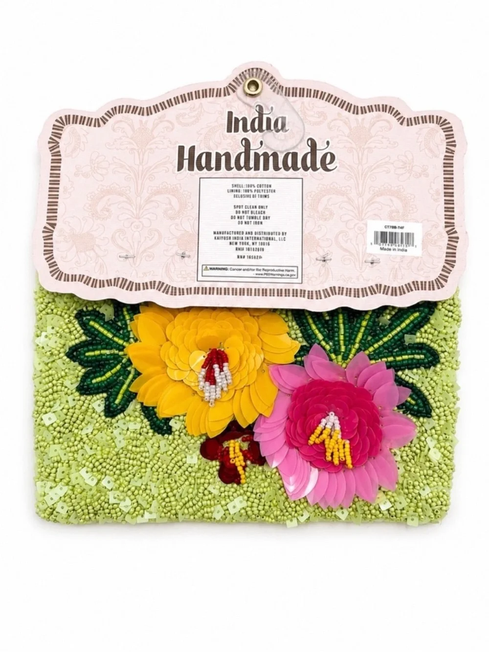 Handmade Floral Beaded Zip Clutch - Green with Pink & Yellow Flowers NWT